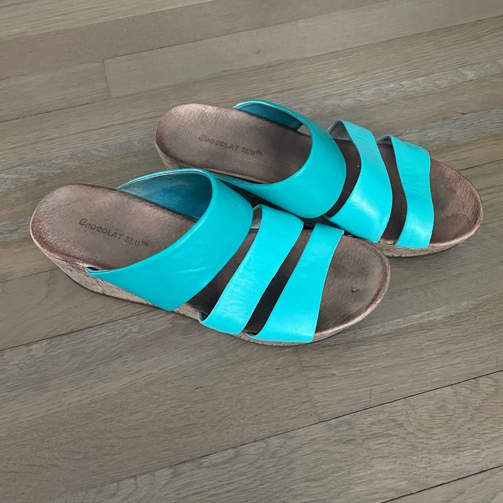 Chocolat Blu aqua Morgan 3 strap leather wedges